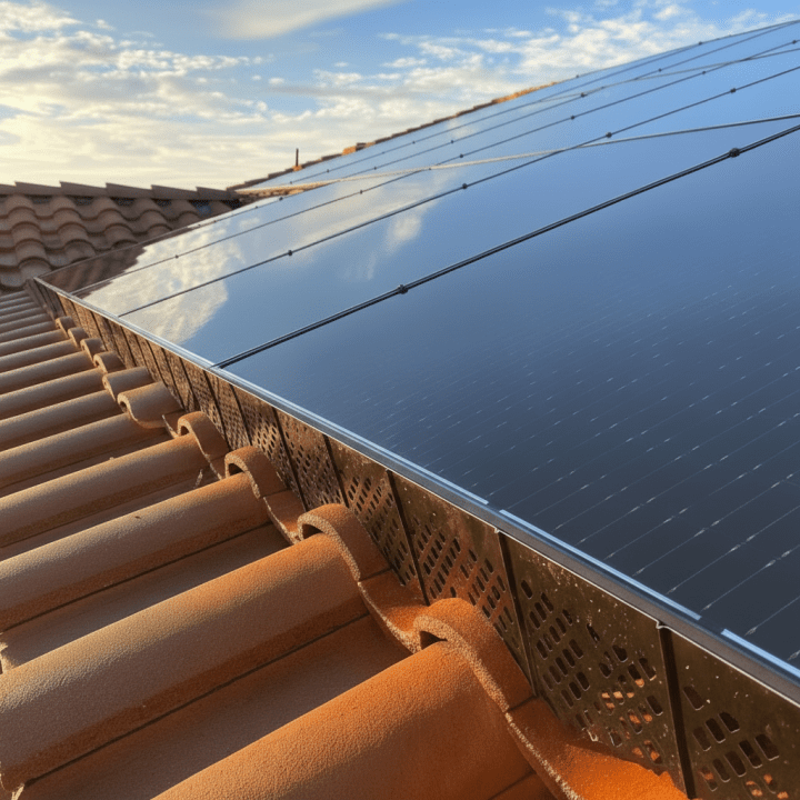 Solar panels on a terracotta tile roof with protective critter guards installed along the edge