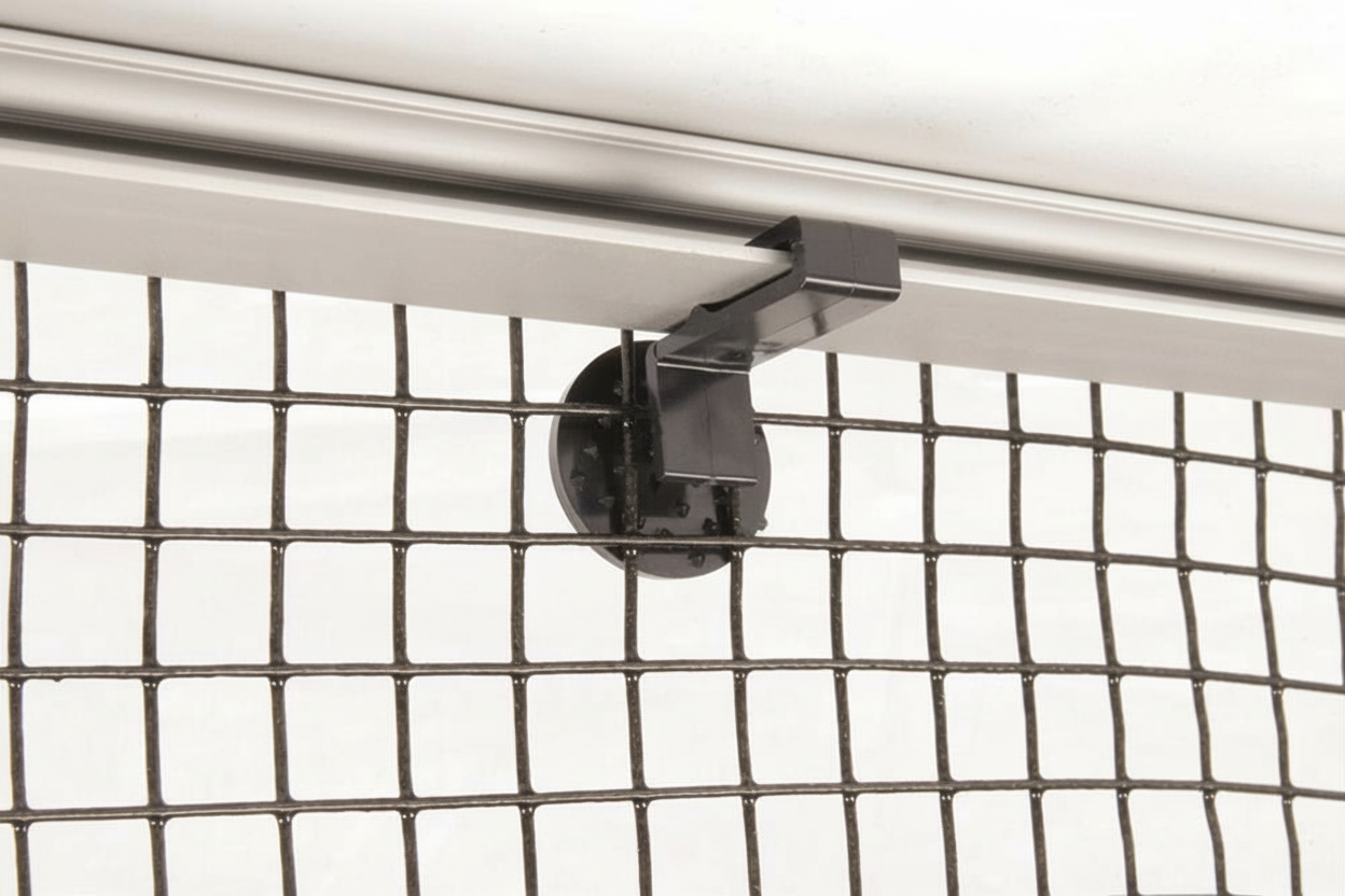 Solar-Panel_Mesh_Clip A black plastic solar clip securing wire mesh to a solar panel to exclude birds and small animals.