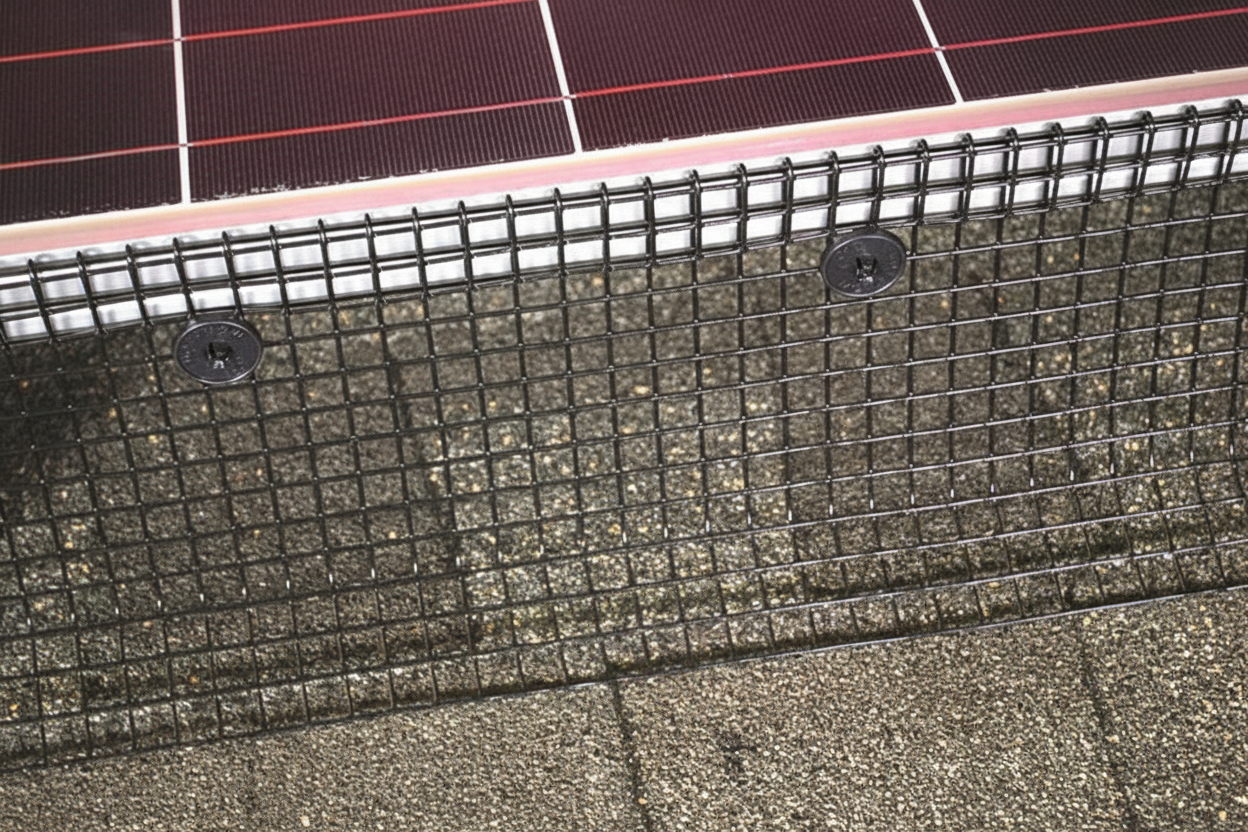 Solar_Mesh_Critter_Guard SolarGuard Black wire mesh bird guard installed around the edge of a solar panel on a roof
