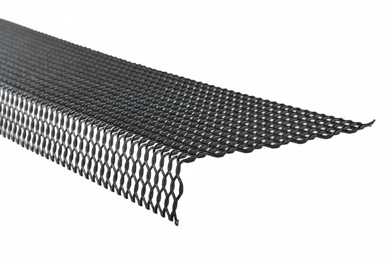 Pest_Armor_Tight_Mesh_Excluder Black metal mesh gutter guard with a fine diamond pattern