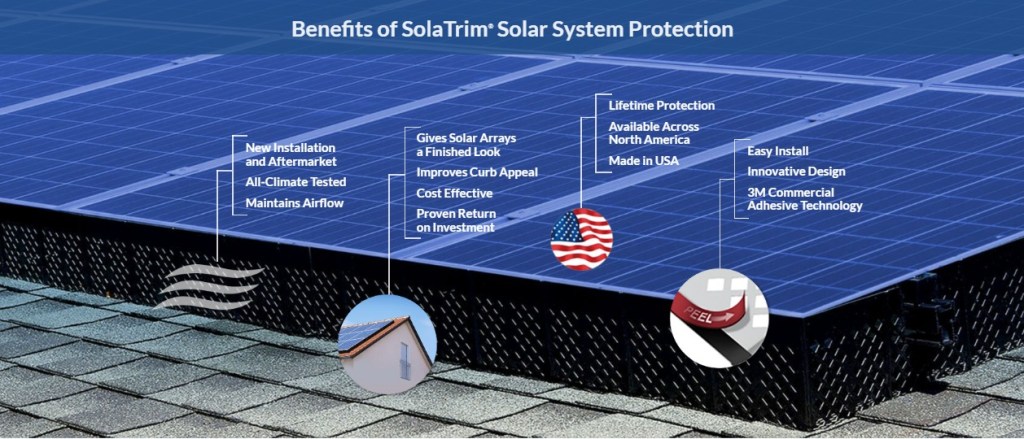 Infographic showcasing the benefits of SolaTrim Solar System Protection, featuring text highlighting new installation, all-climate testing, improved curb appeal, lifetime protection, and easy installation.