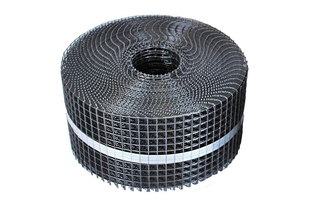 SolarGusrd_Bird_Mesh_Excluder A roll of black pvc coated wire mesh with a square grid pattern, secured with white straps